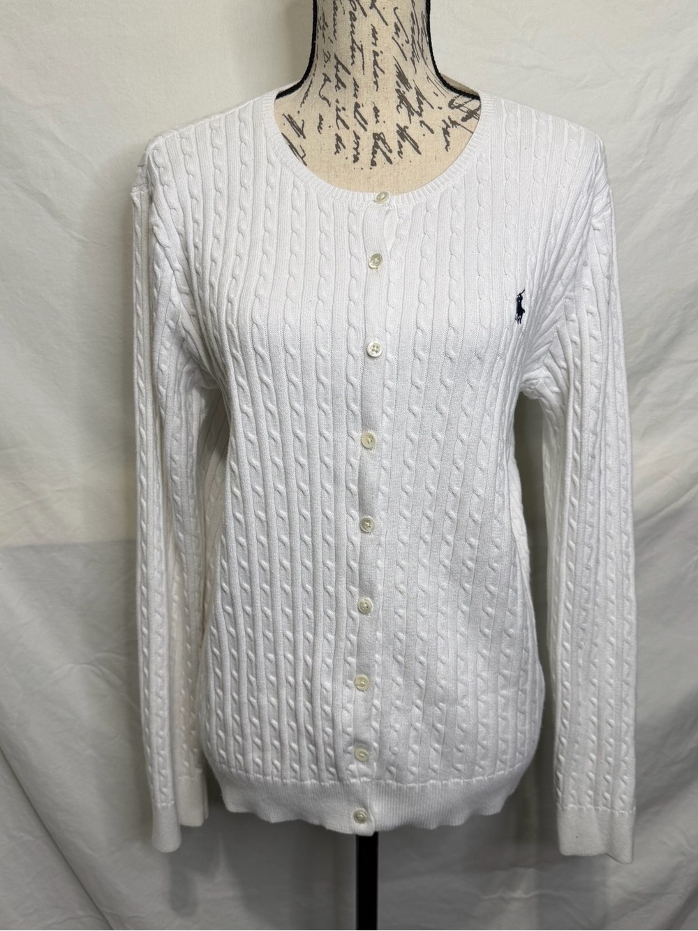 Polo Ralph Lauren White Cable-Knit Button-Up Cardigan
